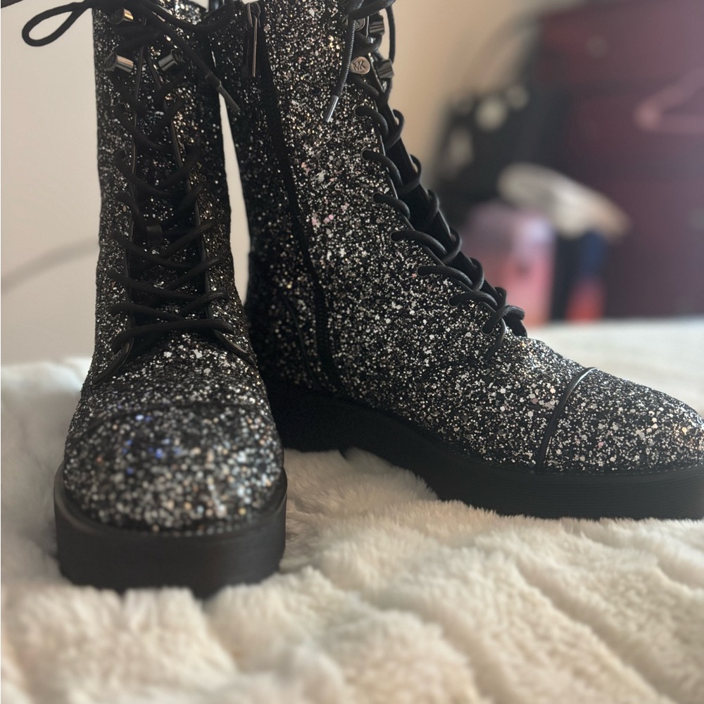 Michael Kors Black Silver Combat Moto Boots - Picture 2 of 4